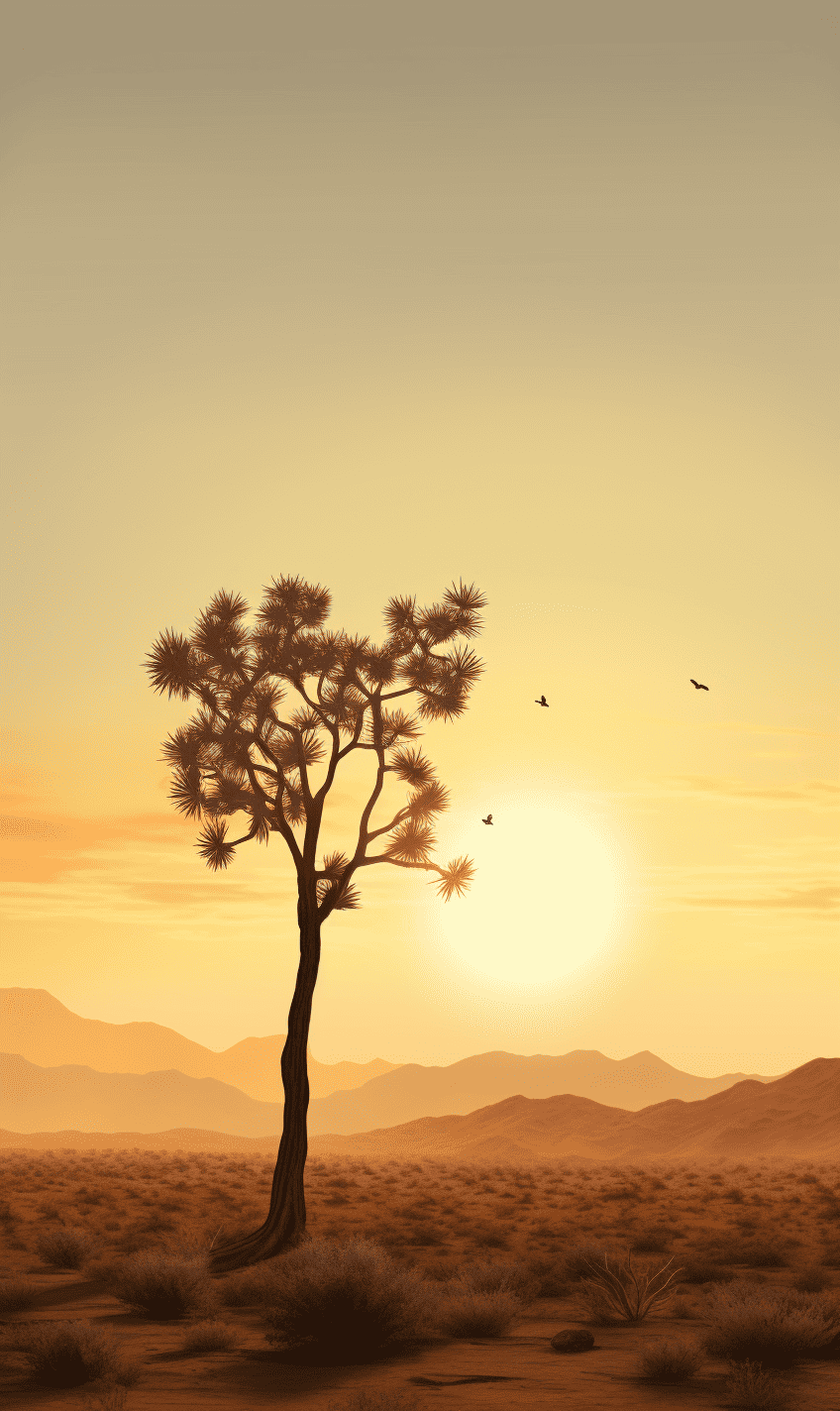 Sunrise over an Arizona desert with a resilient Joshua tree in the foreground, illuminated by the golden dawn light. A butterfly, symbolizing transformation, rests on a branch, conveying hope and new beginnings for those affected by addiction.